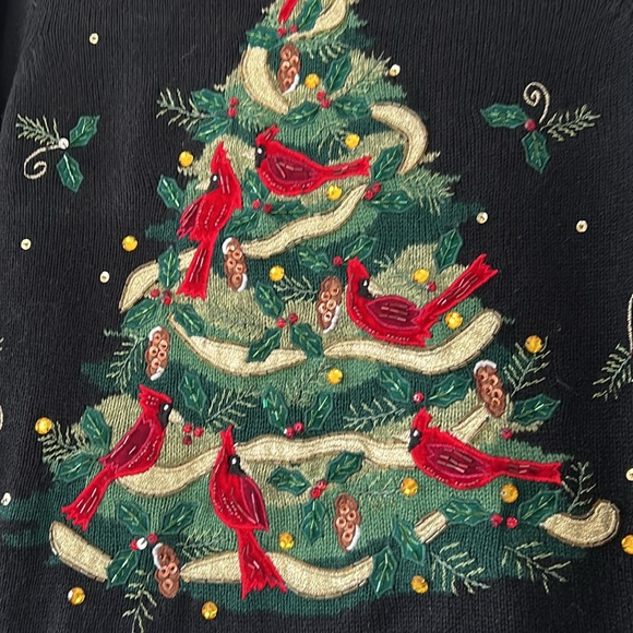 Beads Sequins Embroidery Cardinals Xmas Tree Ramie Cotton Sweater Tiara Int'l Lg - Picture 4 of 14